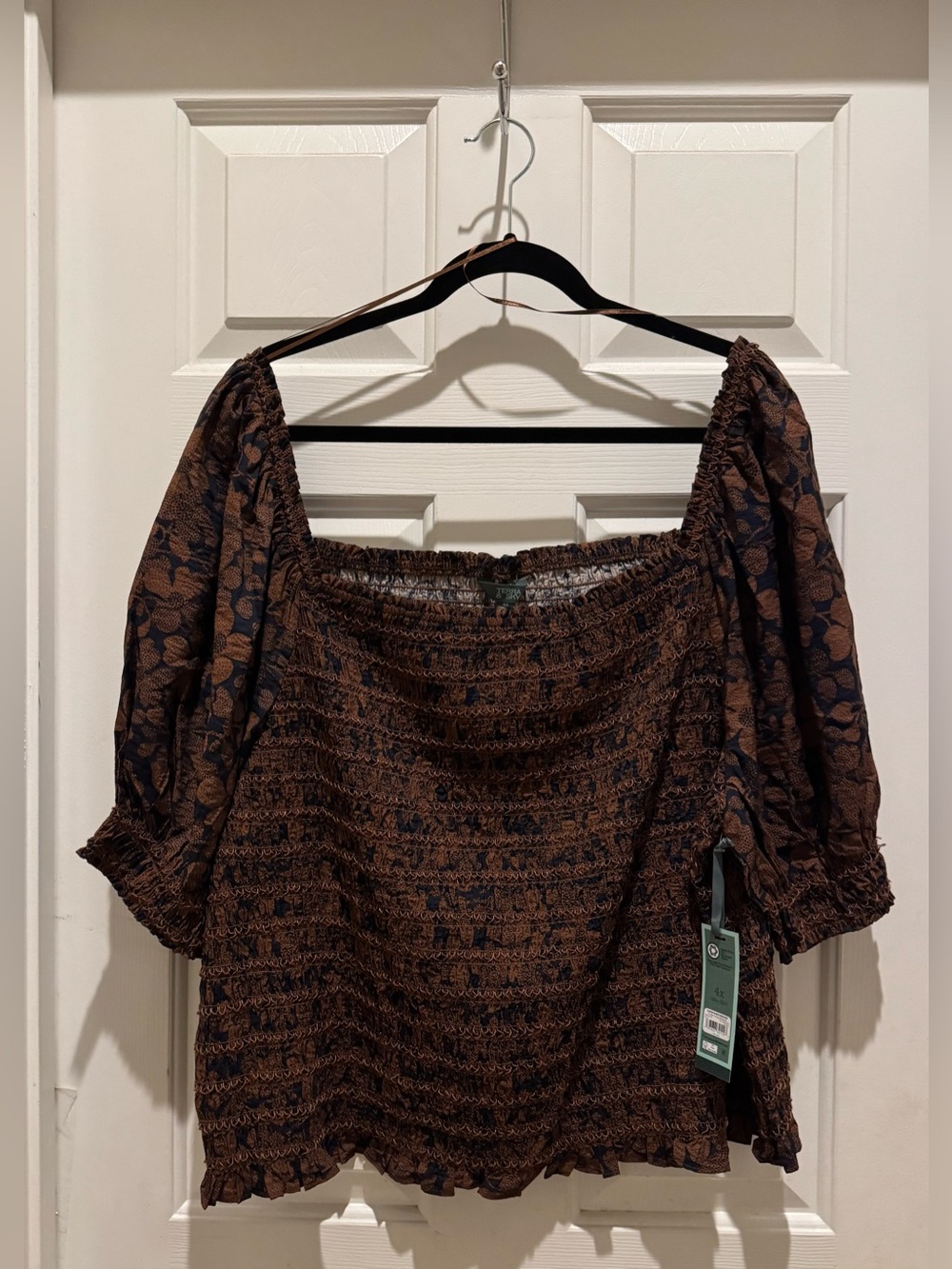 Terra & Sky Smocked Blouse in Brown and Navy
